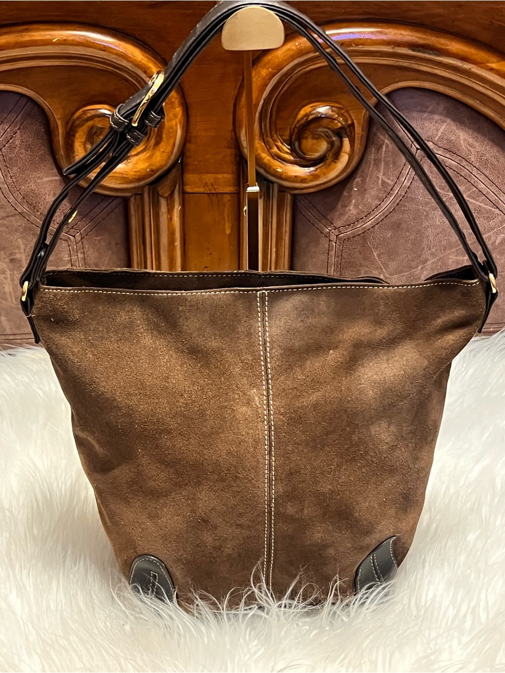 Vintage Brown Suede Shoulder Bag with Dark Leather Trim